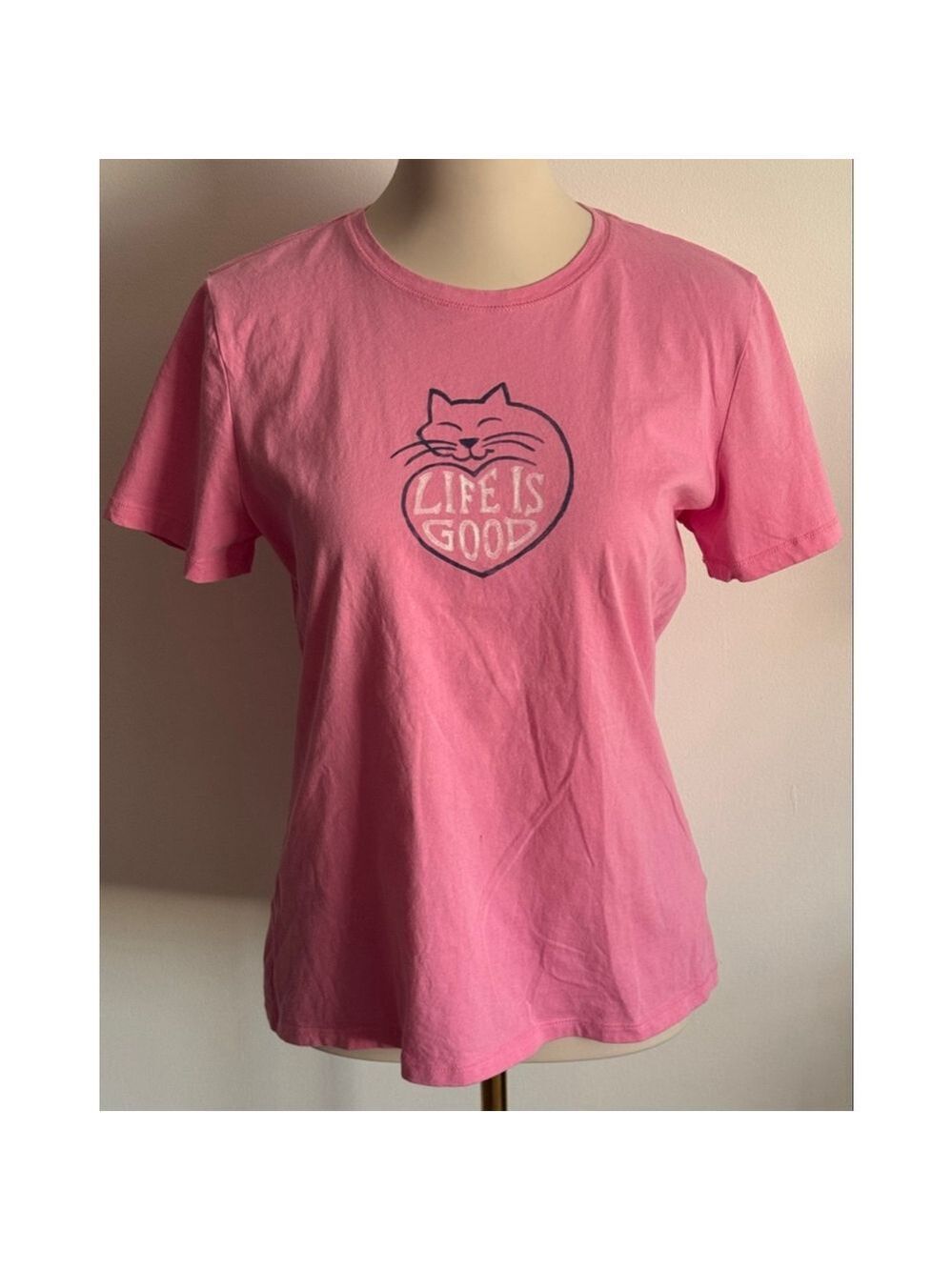 Women's Life is Good Pink Cat Graphic Short Sleeve Tee M